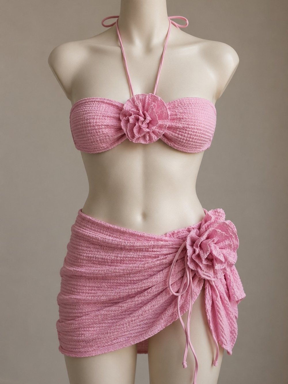 Pink Textured 3-Piece Bikini Set – Size Large – New Without Tags